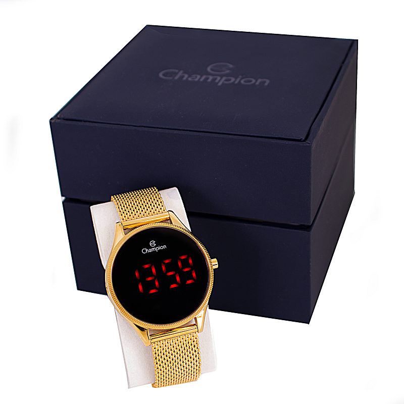 Relógio Champion Feminino Dourado Digital Led Vermelho CH40133V Colar e Brincos Dourado 7