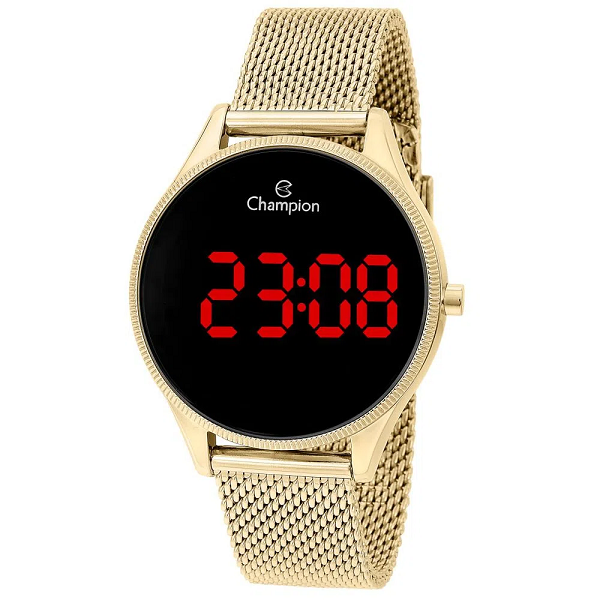 Relógio Champion Feminino Dourado Digital Led Vermelho CH40133V Colar e Brincos Dourado 8