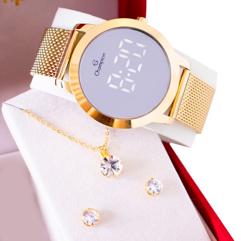 Relógio Feminino Champion Digital Espelhado Pulseira Mesh CH40106B Colar e brincos Dourado 5