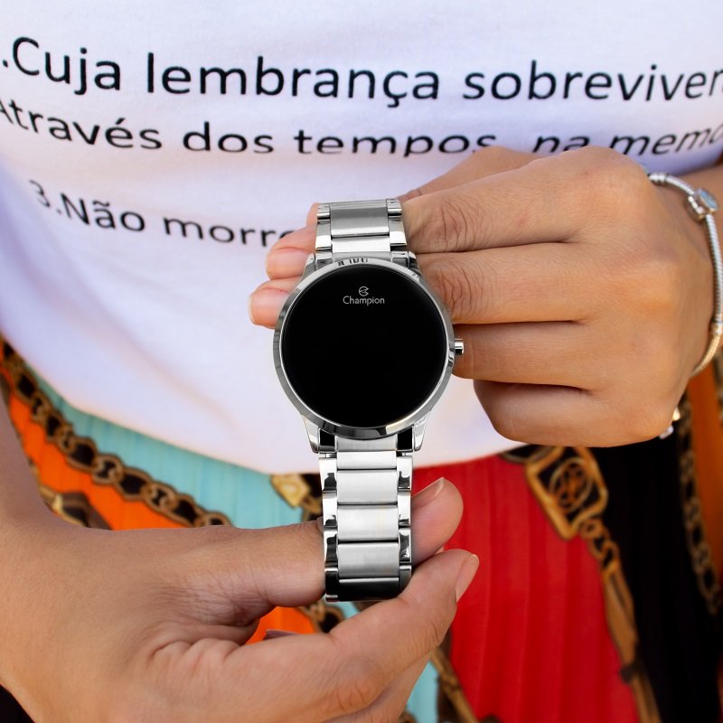 Relógio de Pulso Feminino Champion Digital Led Prata CH40142T Colar e Brincos Prata 4