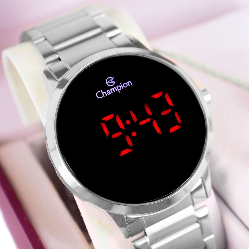 Relógio de Pulso Feminino Champion Digital Led Prata CH40142T Colar e Brincos Prata 5