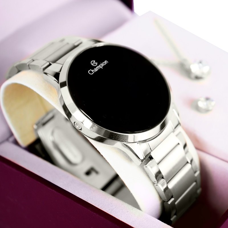 Relógio de Pulso Feminino Champion Digital Led Prata CH40142T Colar e Brincos Prata 6