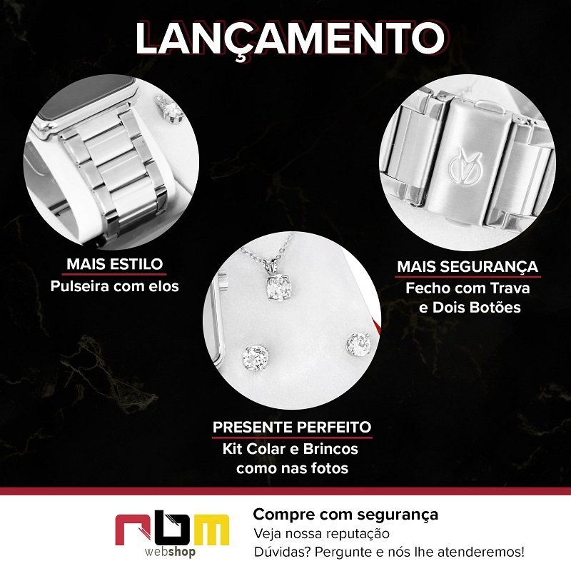 Kit Relógio Champion Feminino Digital Prata Espelhado Colar Brincos CH40086S Prata 2