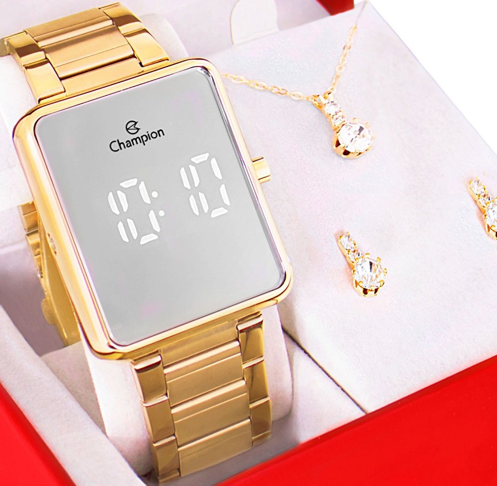 Kit Relógio Champion Feminino Digital Dourado Espelhado Colar Brincos CH40086B Dourado 1