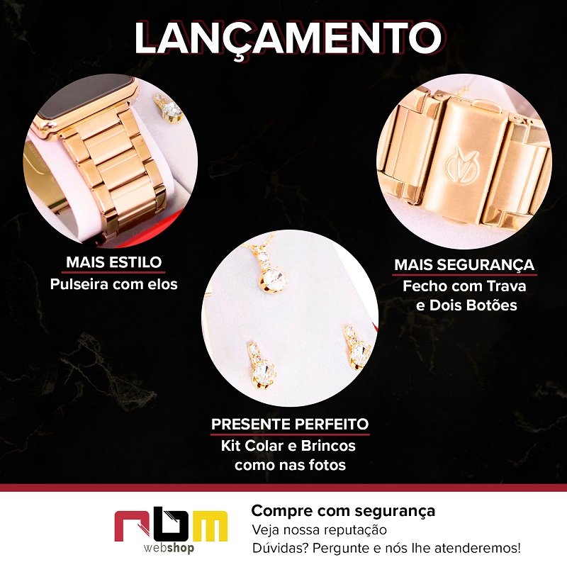Kit Relógio Champion Feminino Digital Dourado Espelhado Colar Brincos CH40086B Dourado 2