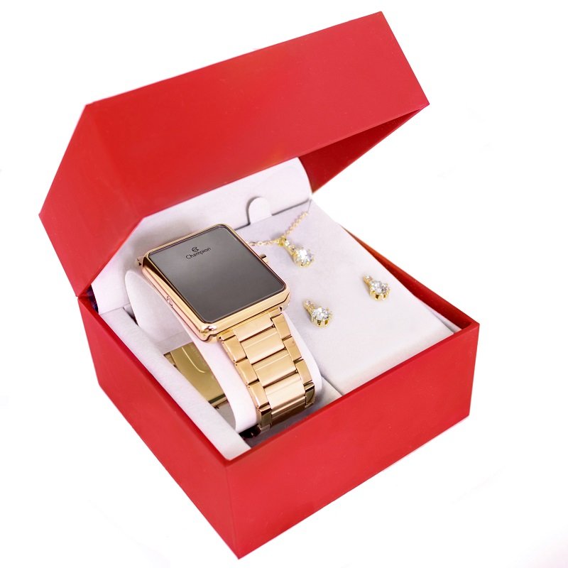 Kit Relógio Champion Feminino Digital Dourado Espelhado Colar Brincos CH40086B Dourado 7