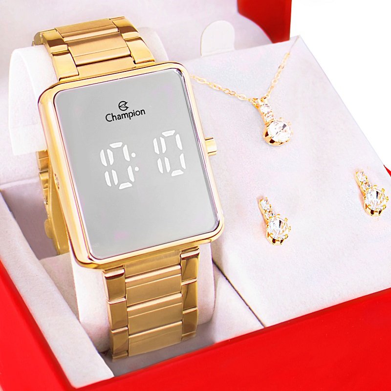 Kit Relógio Champion Feminino Digital Dourado Espelhado Colar Brincos CH40086B Dourado 8