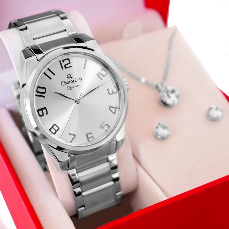 Relógio Feminino Champion Analógico Prata CN27652Q Kit Colar e Brincos Prata 5