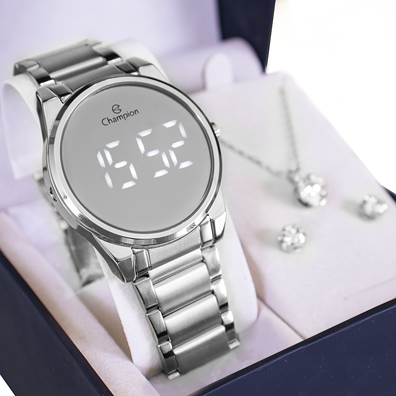 Relógio de Pulso Feminino Champion Digital Espelhado Prata CH40124S Colar e Brincos Prata 6