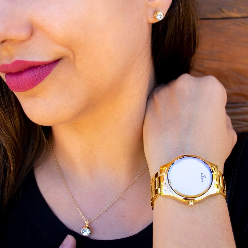 Relógio Feminino Champion Dourado Espelhado Digital CH48019B Kit Colar e Brincos Dourado 2