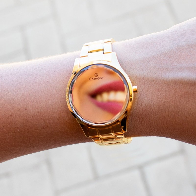 Relógio Feminino Champion Dourado Espelhado Digital CH48019B Kit Colar e Brincos Dourado 4