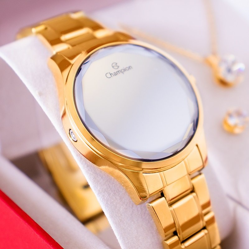 Relógio Feminino Champion Dourado Espelhado Digital CH48019B Kit Colar e Brincos Dourado 5