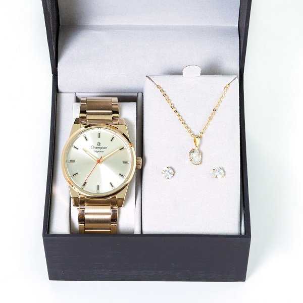 Relógio Champion Feminino Analógico Dourado CN27590X Colar e Brincos Dourado 5