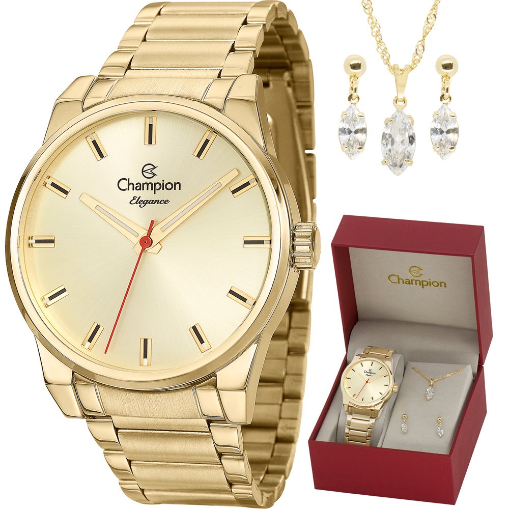 Relógio Champion Feminino Analógico Dourado CN27590X Colar e Brincos Dourado 8