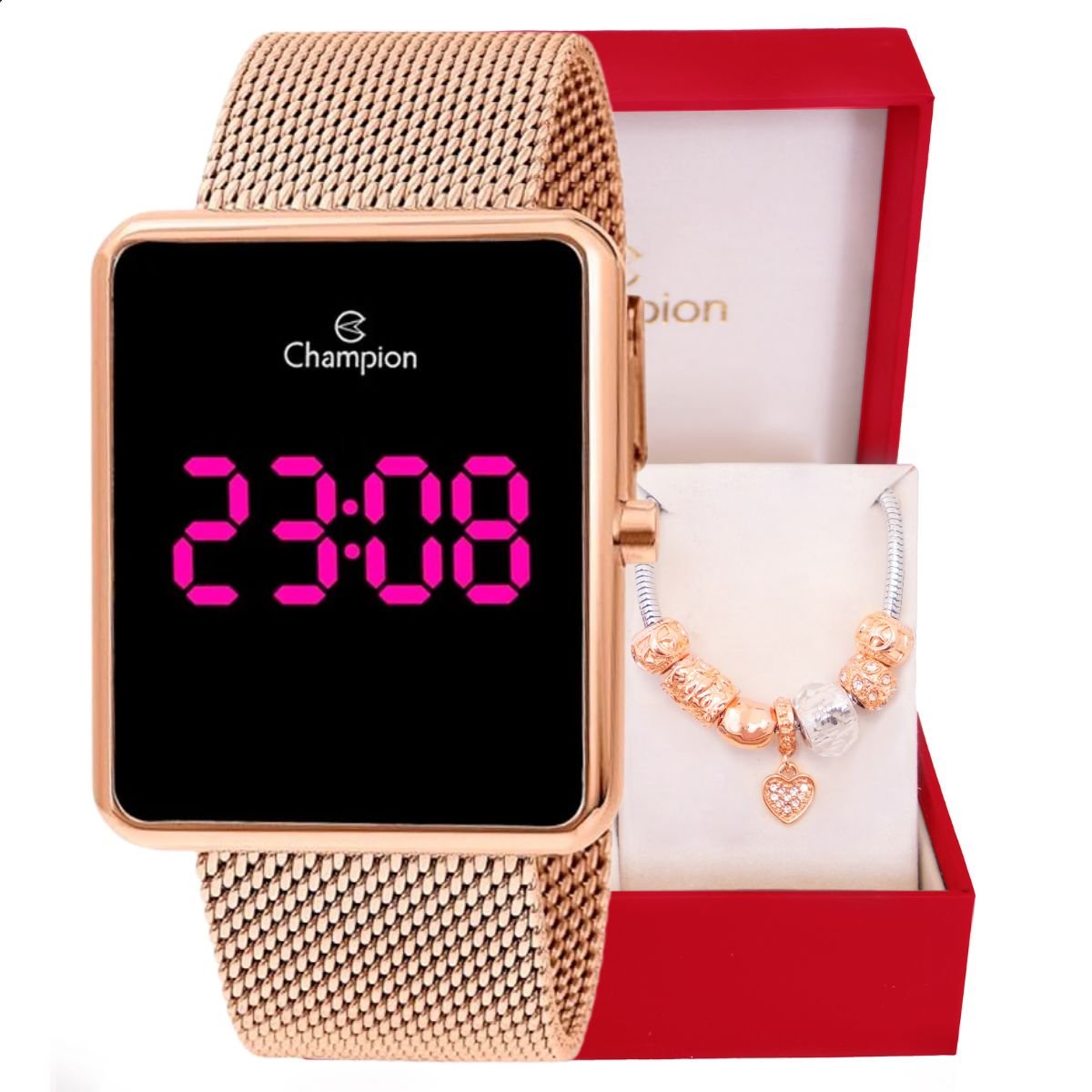 Relógio Feminino Champion Digital Quadrado Rosé CH40083H Led Rosa + Pulseira Berloques Rosa 1
