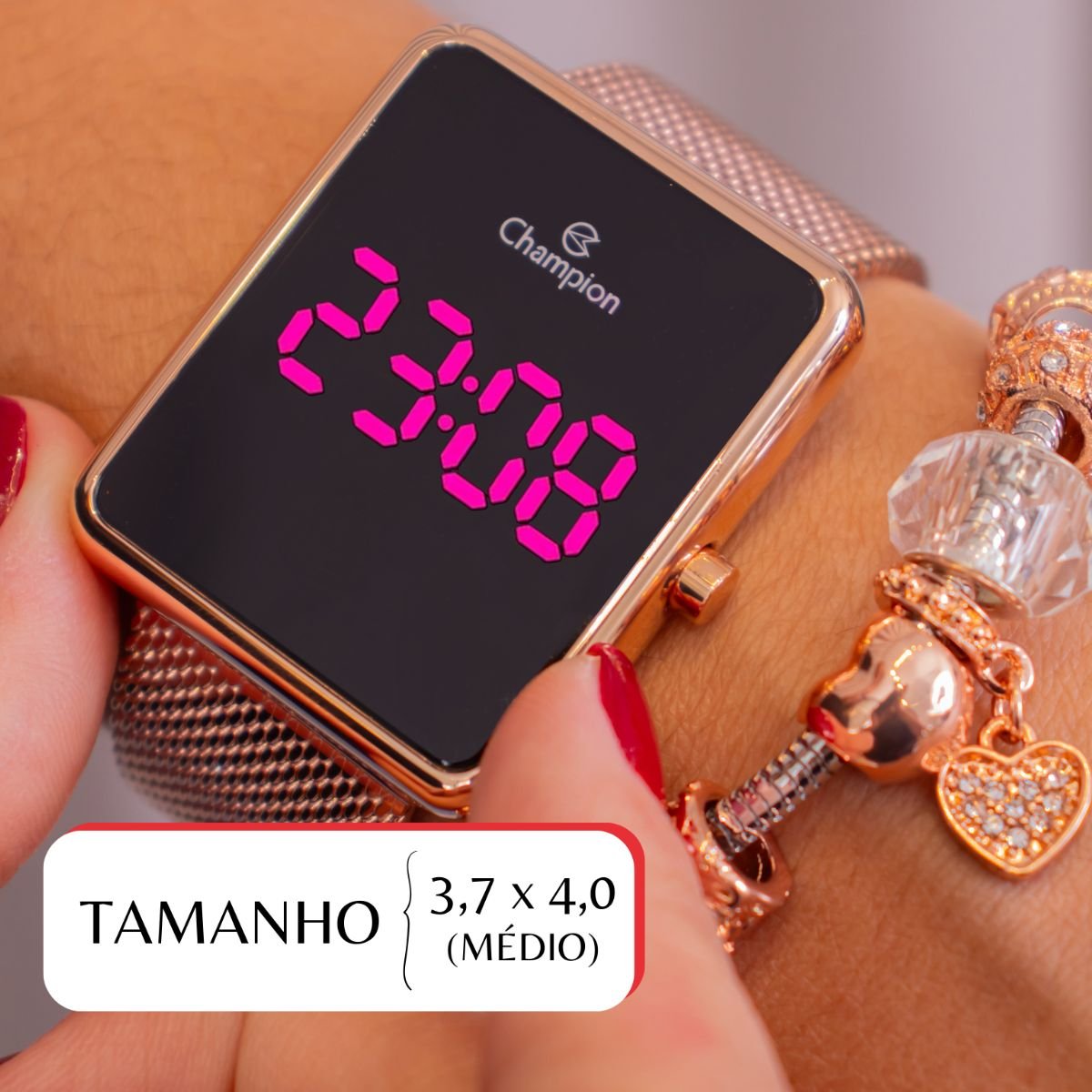 Relógio Feminino Champion Digital Quadrado Rosé CH40083H Led Rosa + Pulseira Berloques Rosa 2