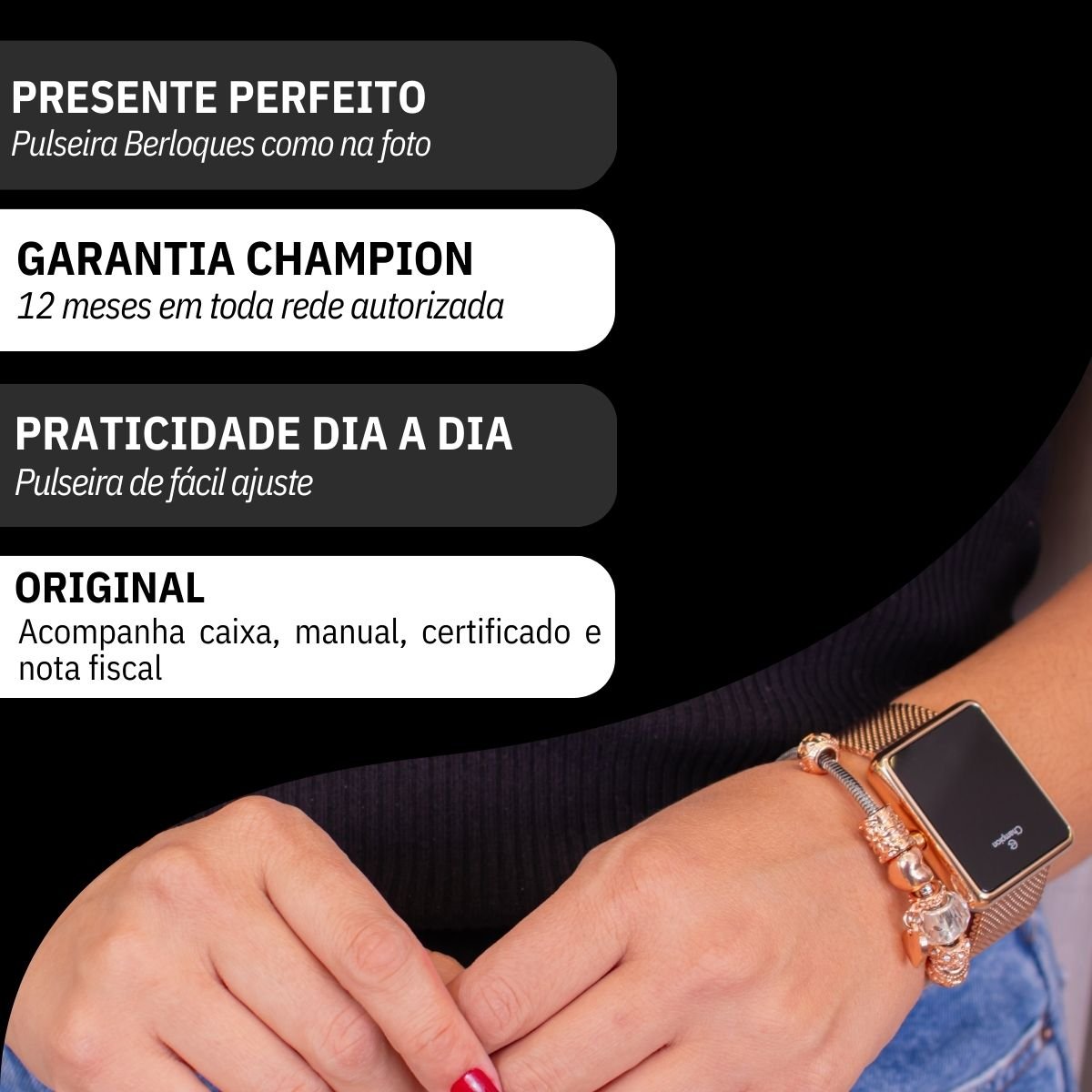 Relógio Feminino Champion Digital Quadrado Rosé CH40083H Led Rosa + Pulseira Berloques Rosa 3