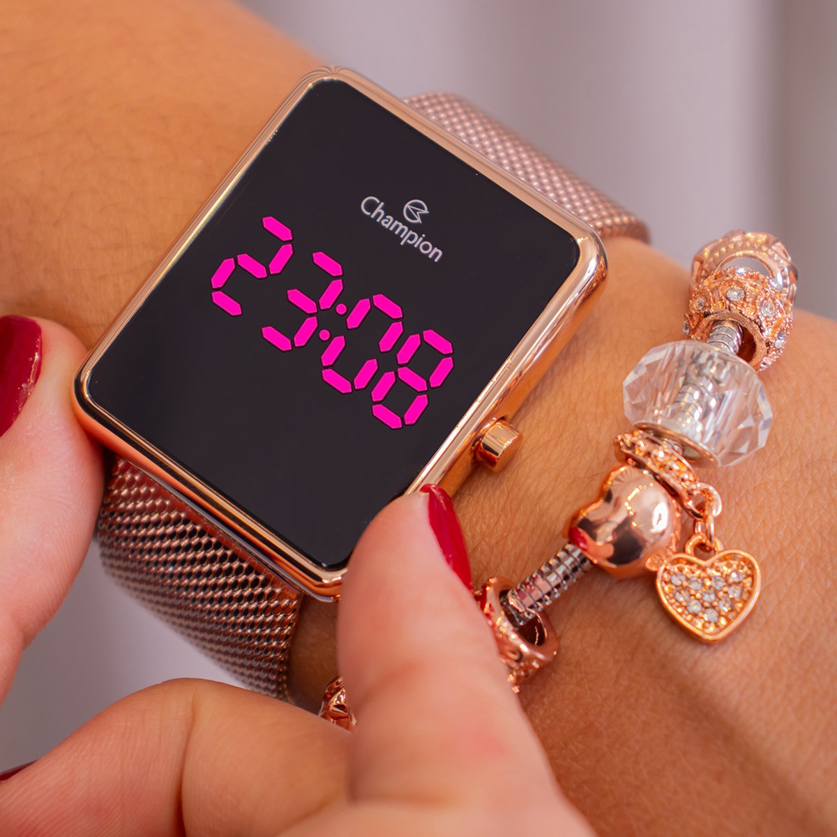 Relógio Feminino Champion Digital Quadrado Rosé CH40083H Led Rosa + Pulseira Berloques Rosa 5