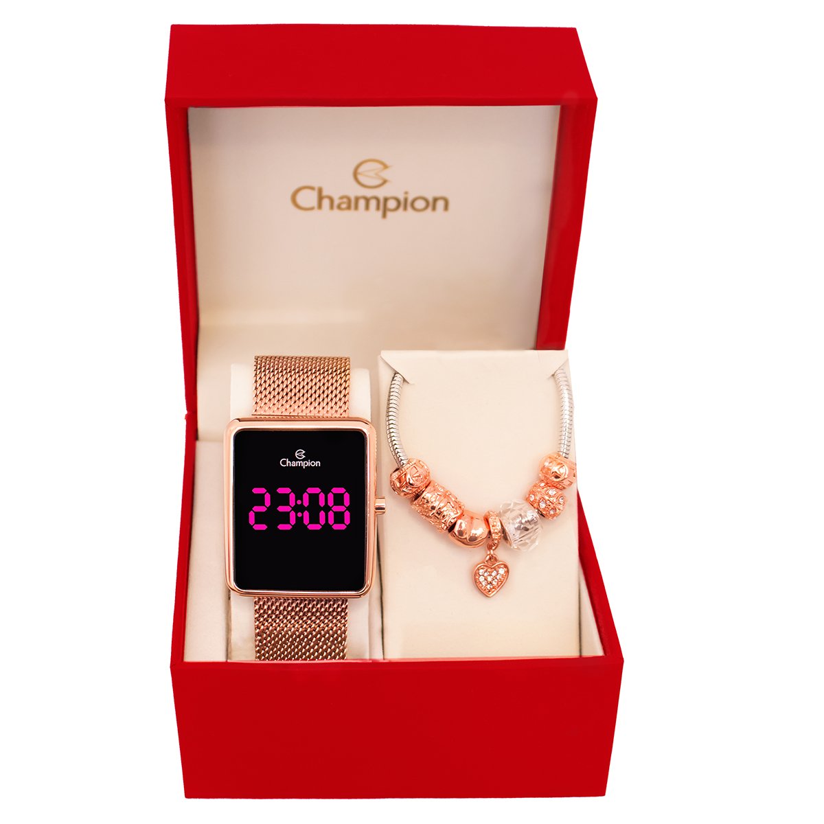 Relógio Feminino Champion Digital Quadrado Rosé CH40083H Led Rosa + Pulseira Berloques Rosa 7
