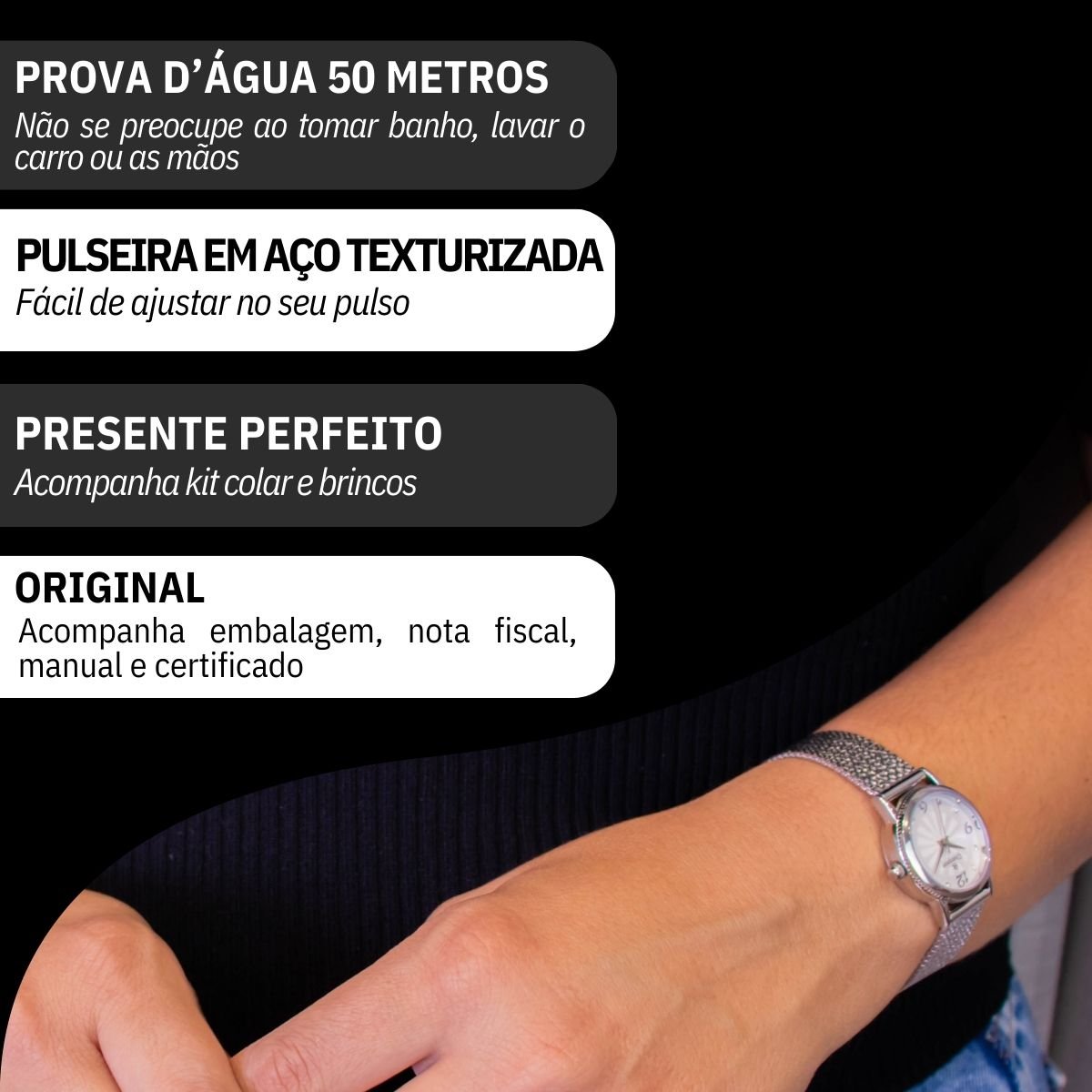 Relógio Feminino Champion Texturizado Mini Prata CF24091Q + Colar e Brincos Prata 3