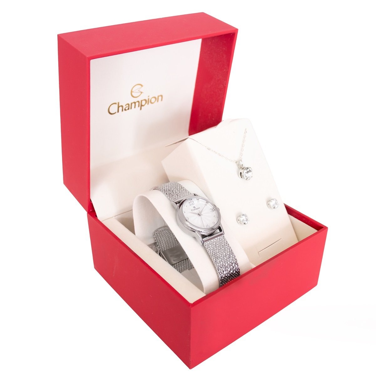Relógio Feminino Champion Texturizado Mini Prata CF24091Q + Colar e Brincos Prata 9