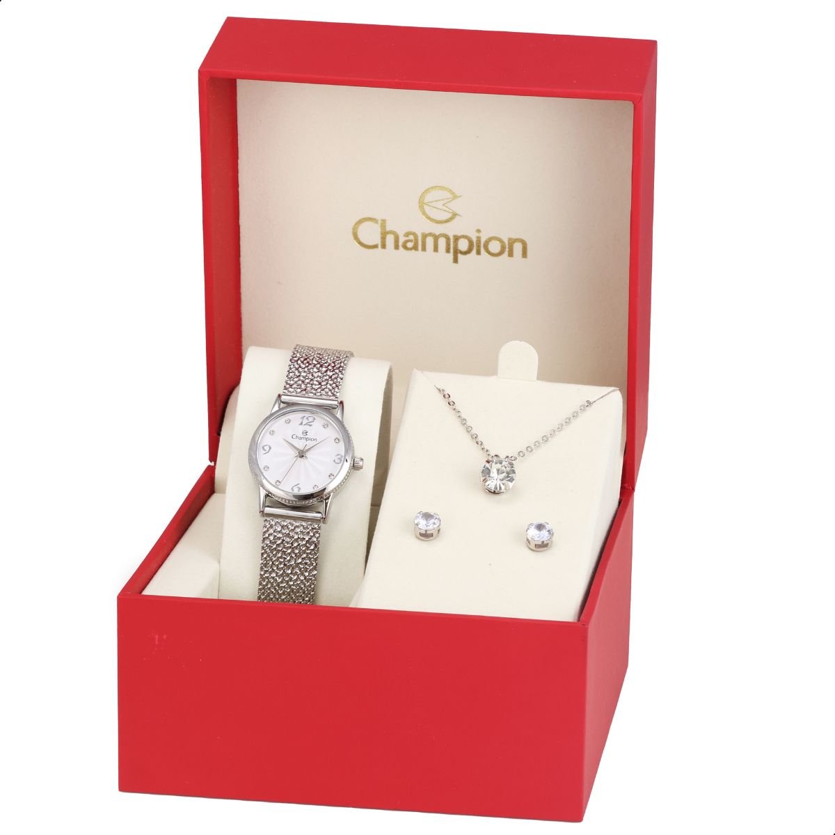 Relógio Feminino Champion Texturizado Mini Prata CF24091Q + Colar e Brincos Prata 10