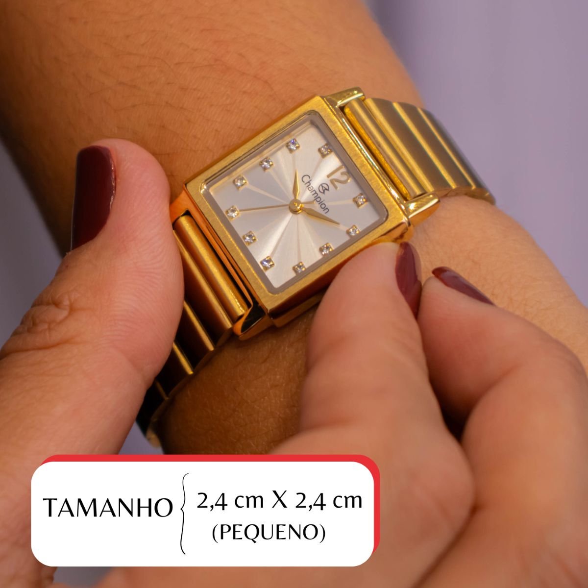 Relógio Feminino Champion Dourado Quadrado Pequeno CF24135H + Colar e Brincos Dourado 2