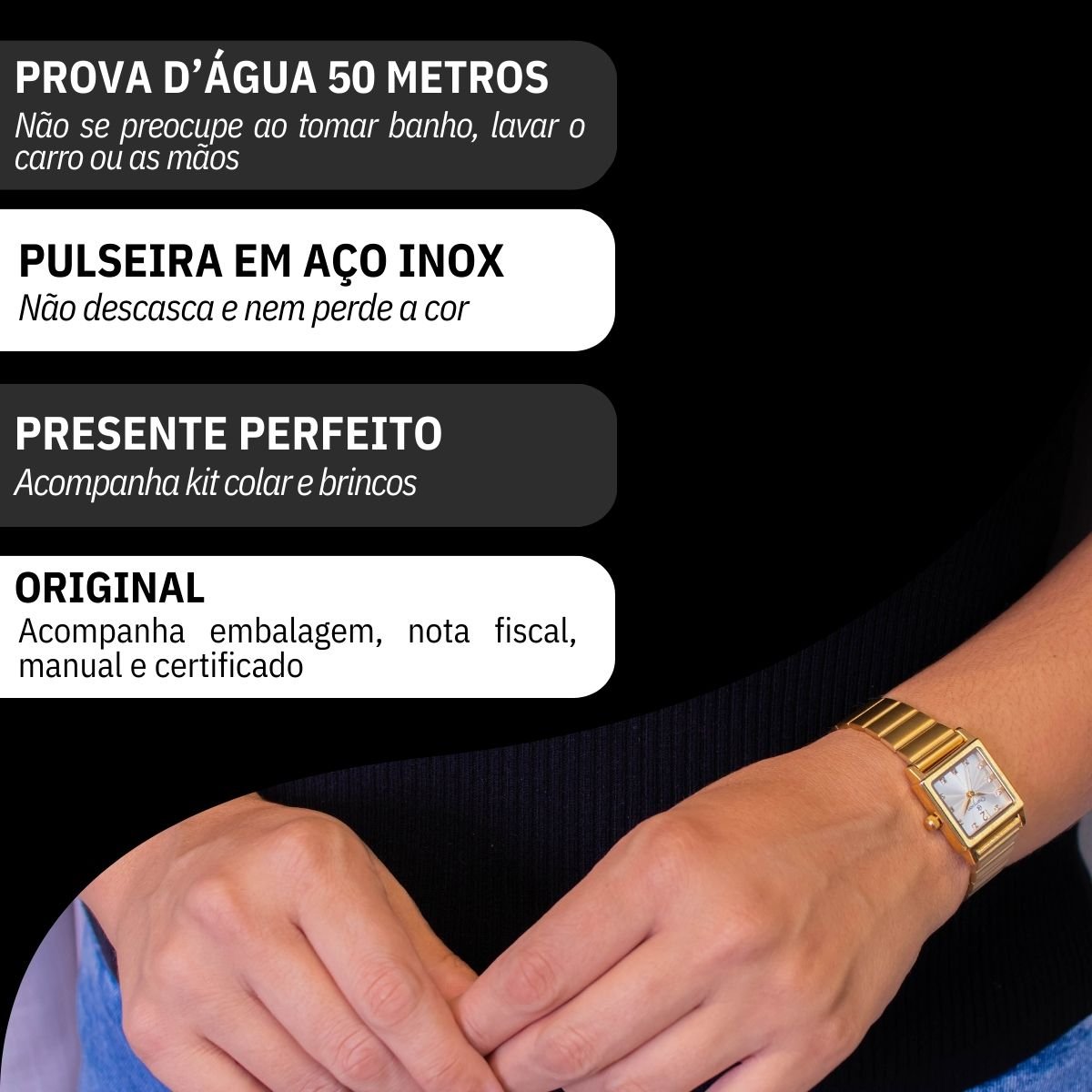Relógio Feminino Champion Dourado Quadrado Pequeno CF24135H + Colar e Brincos Dourado 3