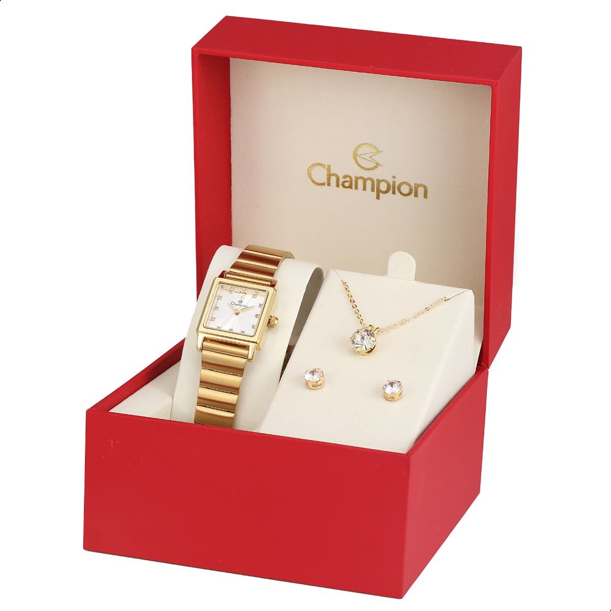 Relógio Feminino Champion Dourado Quadrado Pequeno CF24135H + Colar e Brincos Dourado 9