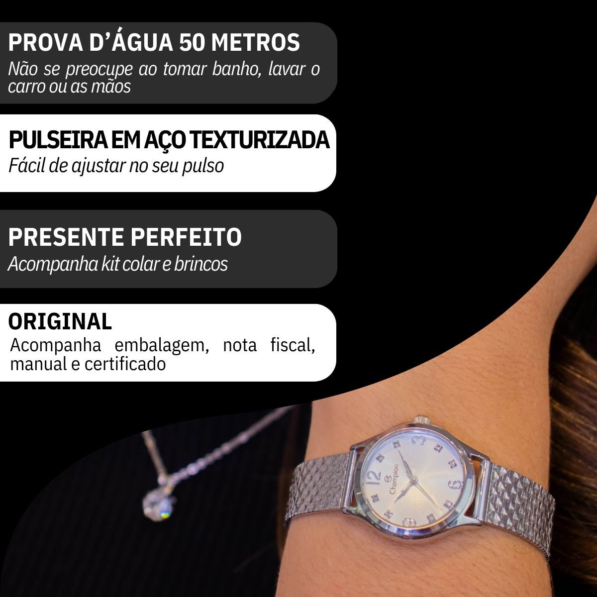 Relógio Feminino Champion Analógico Prata Pequeno CF24117Q + Colar e Brincos Prata 3