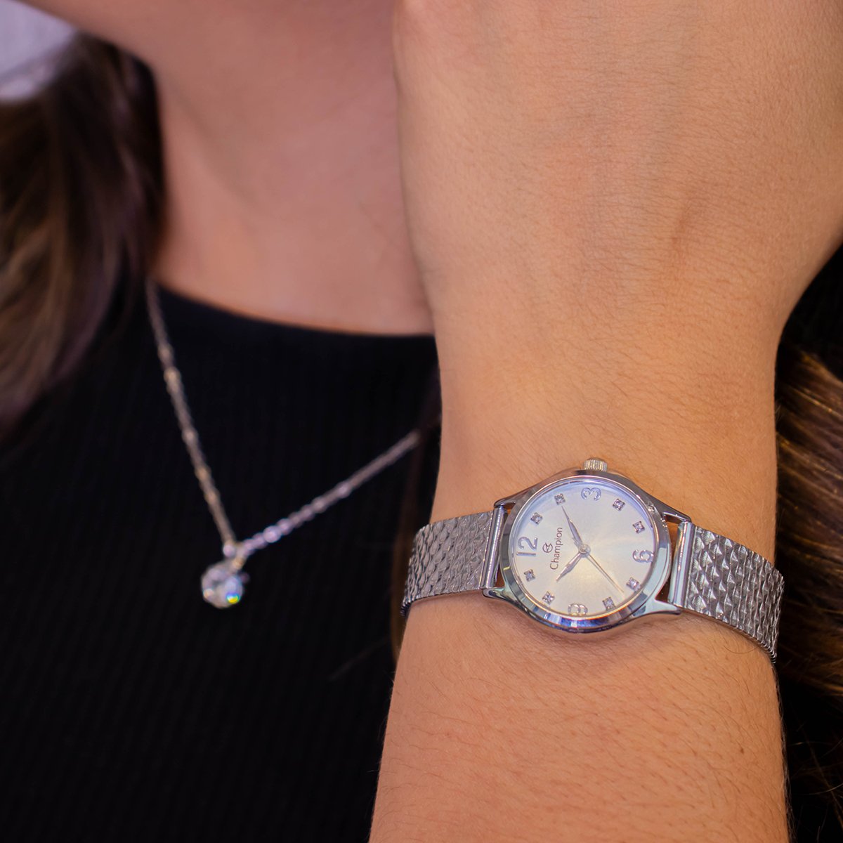 Relógio Feminino Champion Analógico Prata Pequeno CF24117Q + Colar e Brincos Prata 5