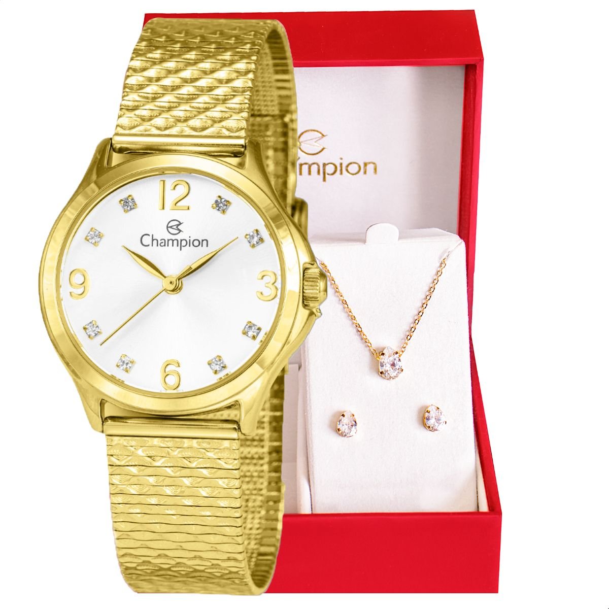 Relógio Feminino Champion Analógico Dourado Pequeno CF24117H + Colar e Brincos Dourado 1
