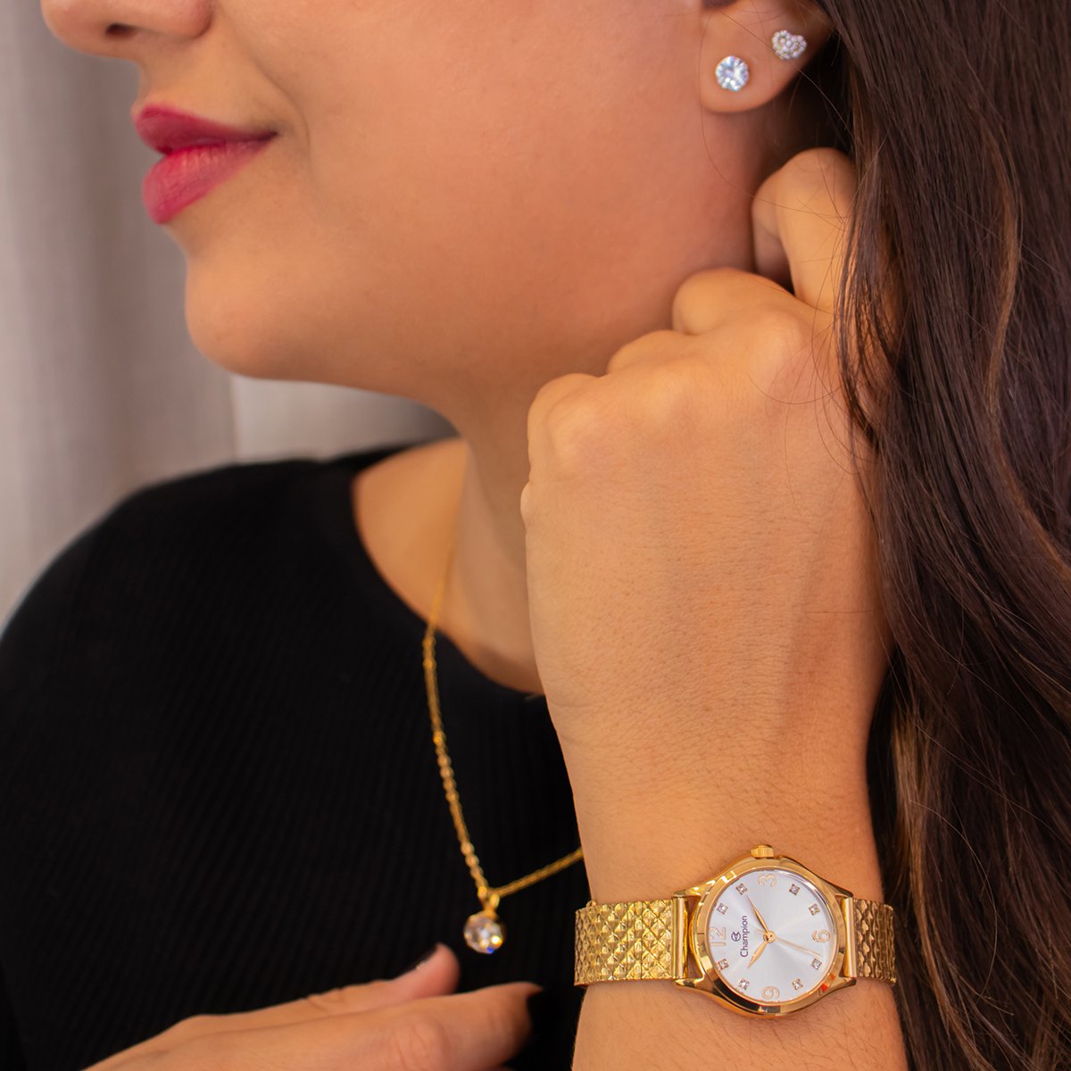 Relógio Feminino Champion Analógico Dourado Pequeno CF24117H + Colar e Brincos Dourado 5
