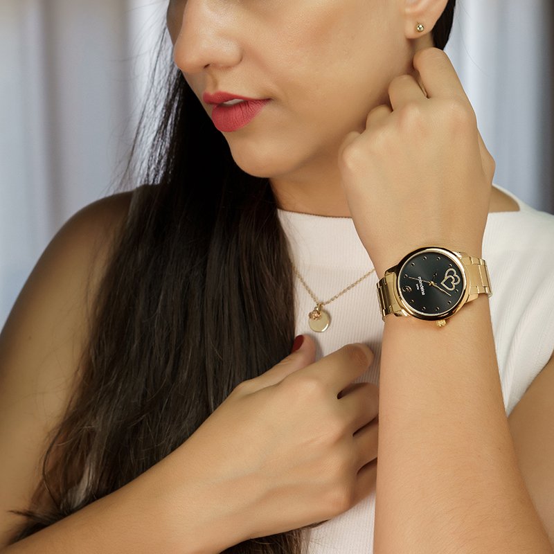 Relógio Feminino Mondaine Dourado Casual Analógico 32796LPMKDE2K1 Mulher Colar e Brincos Dourado 2