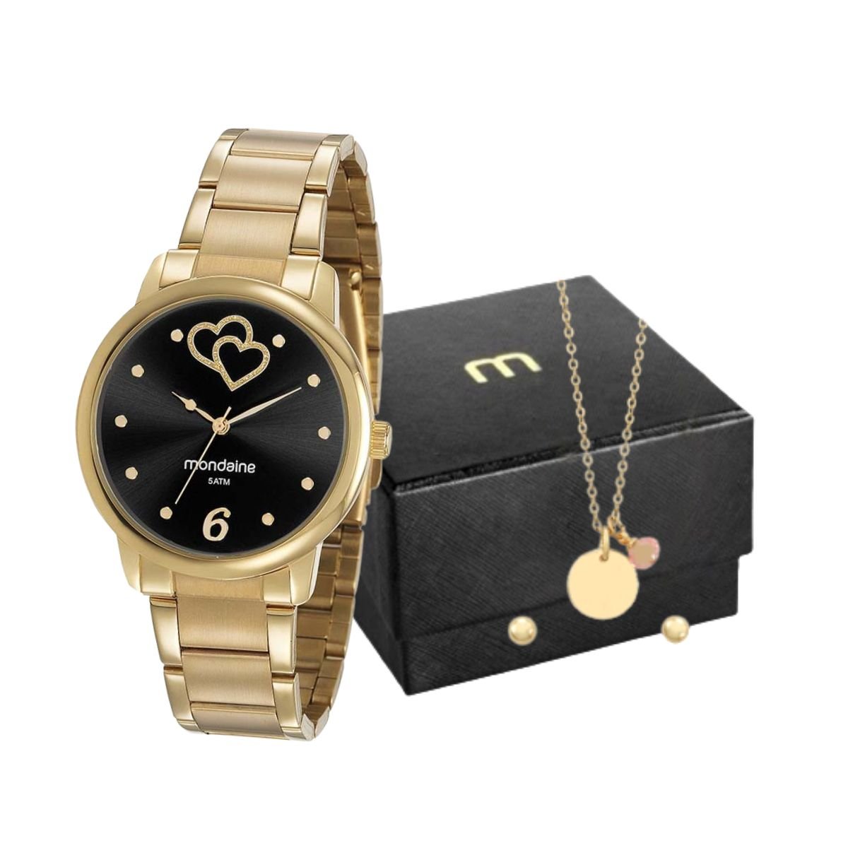 Relógio Feminino Mondaine Dourado Casual Analógico 32796LPMKDE2K1 Mulher Colar e Brincos Dourado 6