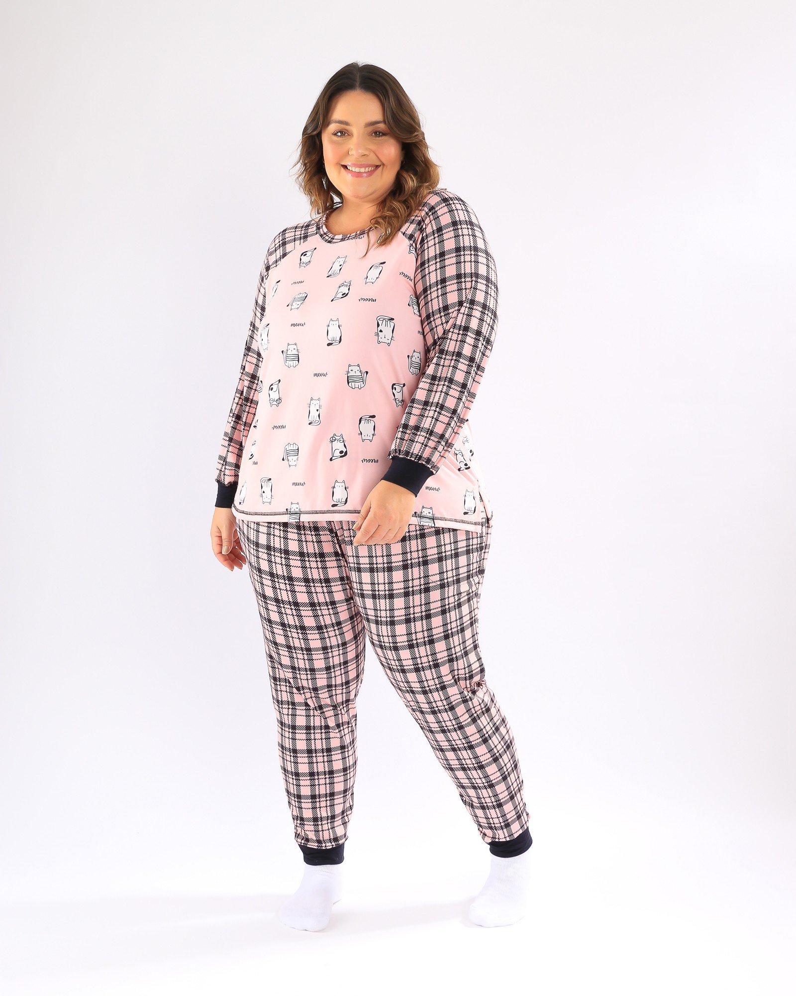 Pijama Americano Longo Xadrez Rosa