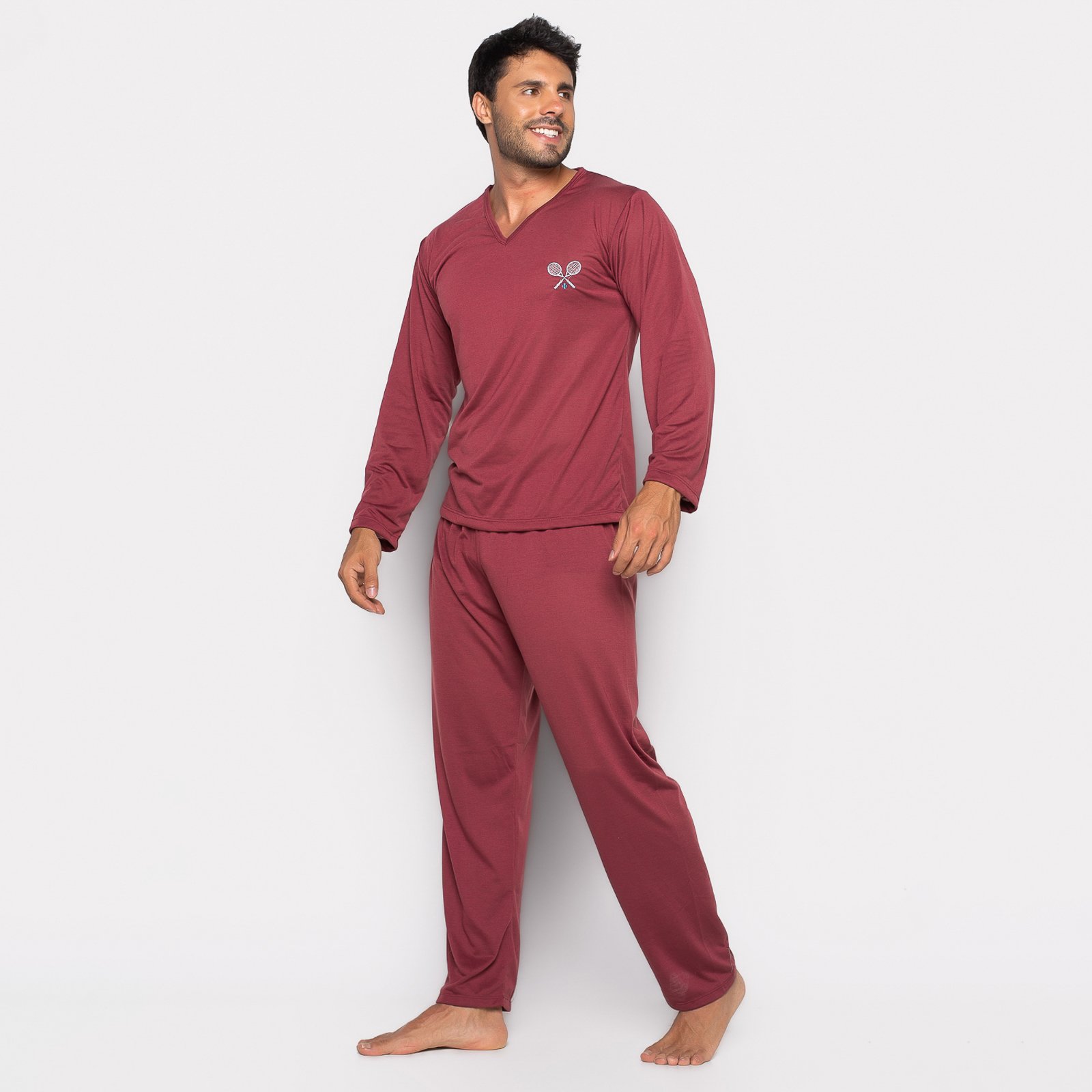 Pijama Longo Adulto Masculino Blusa Manga Comprida Calca 009 Vinho Vermelho 1