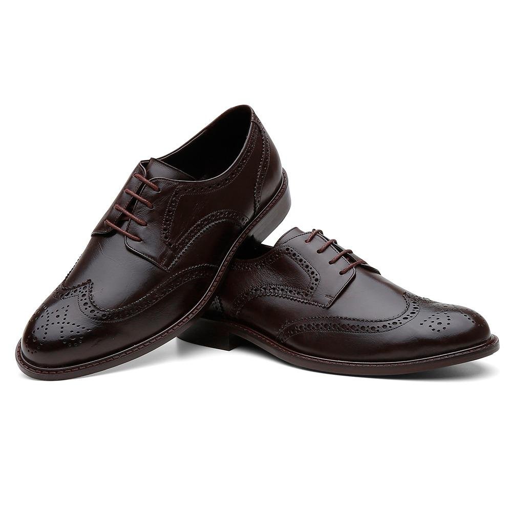 Sapato Oxford Masculino Couro Cadarço Perfuros Elegante Leve Marrom 2
