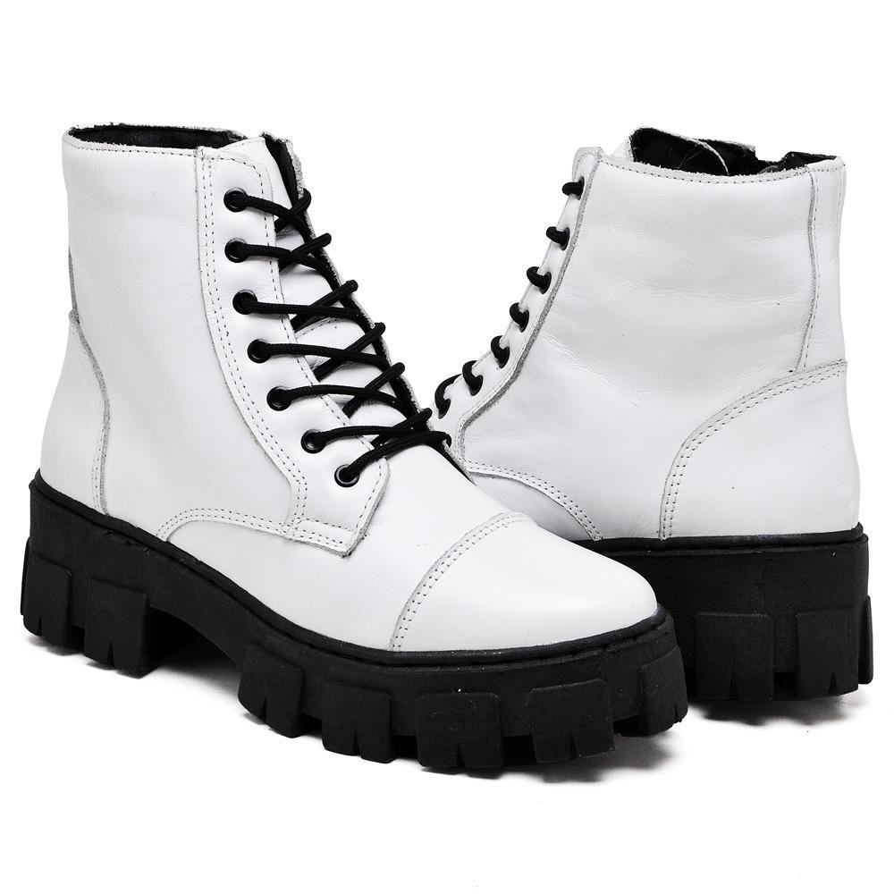Coturno Feminino Bota Couro Cano Médio Cadarço Moda Branco 2