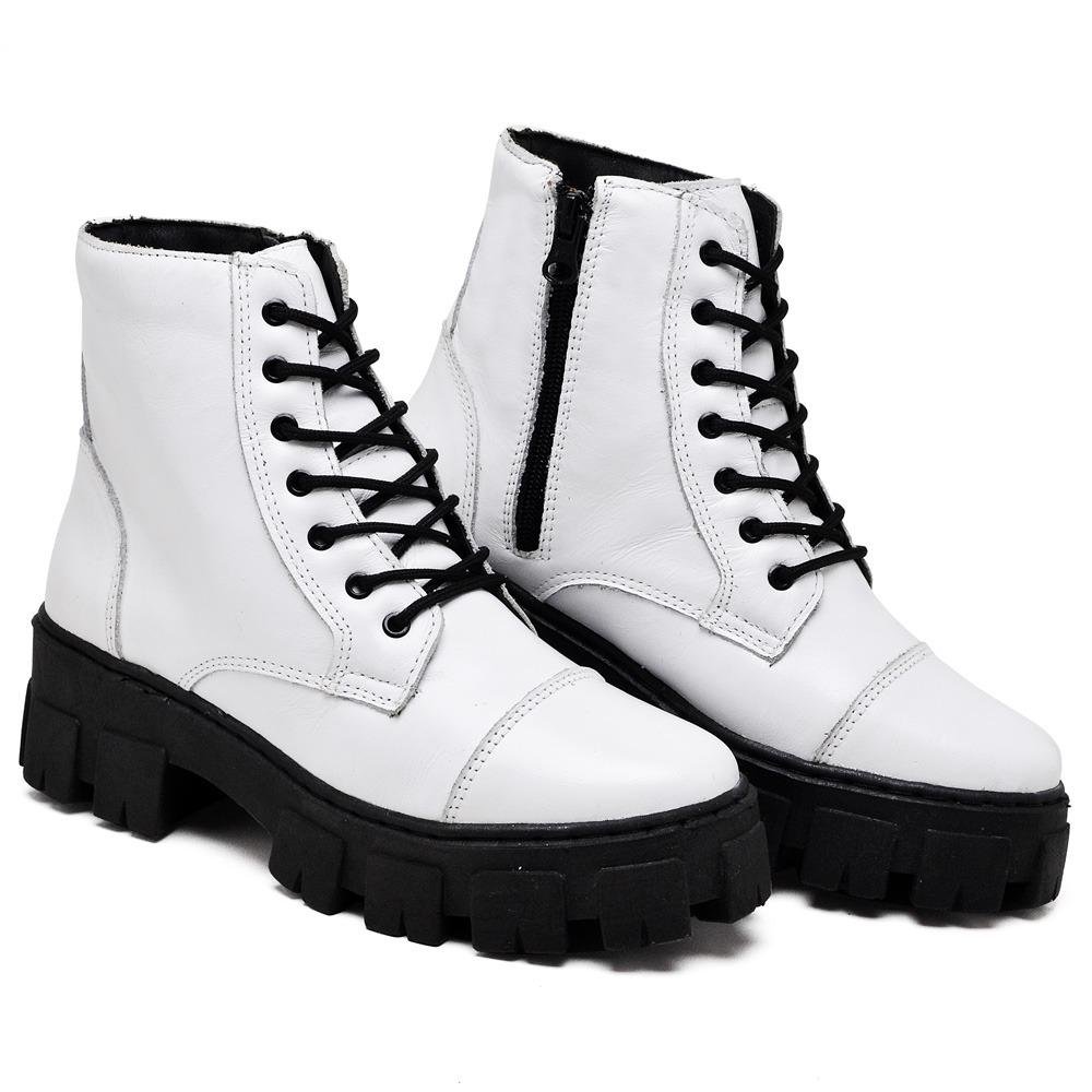 Coturno Feminino Bota Couro Cano Médio Cadarço Moda Branco 3