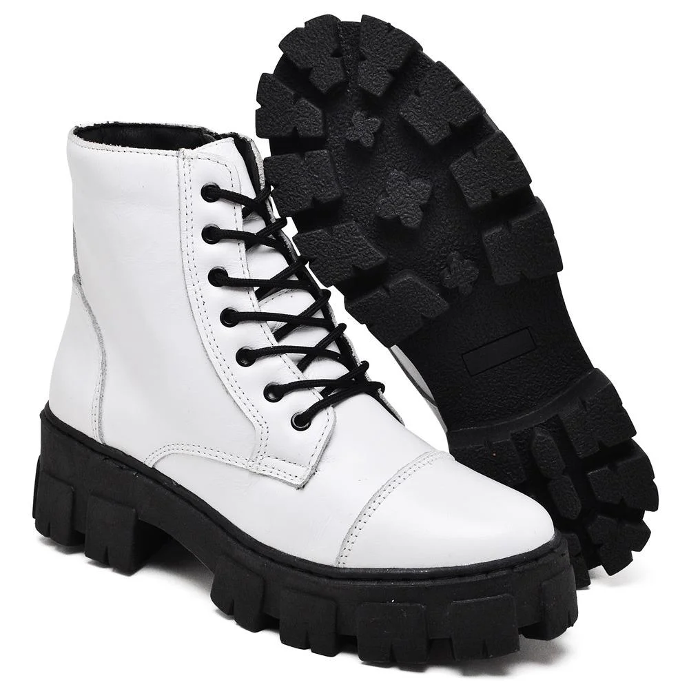 Coturno Feminino Bota Couro Cano Médio Cadarço Moda Branco 4