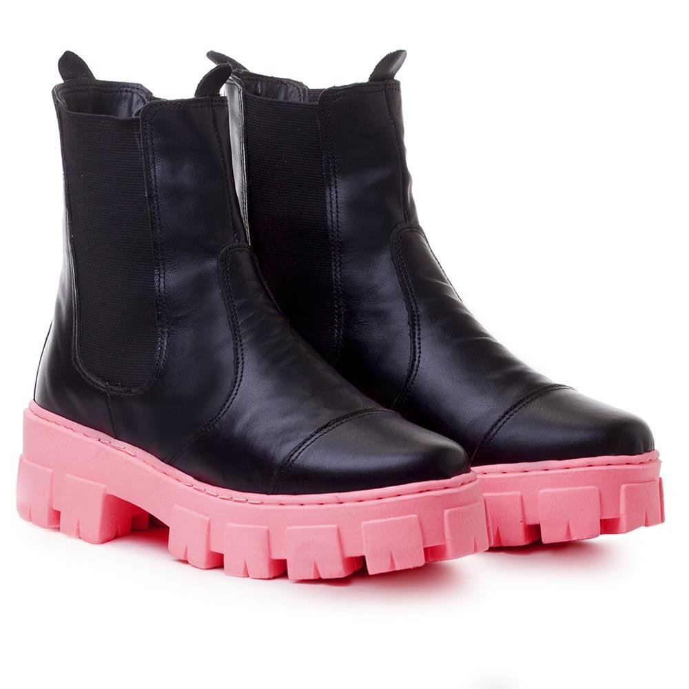 Bota Chelsea Couro Feminina Tratorada Estilo Tendência Preto/Rosa 1