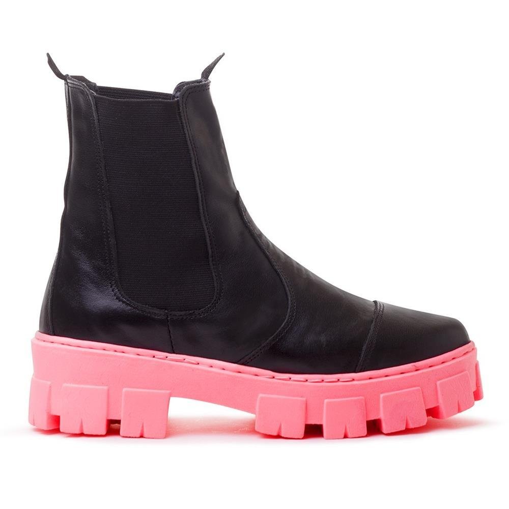 Bota Chelsea Couro Feminina Tratorada Estilo Tendência Preto/Rosa 2