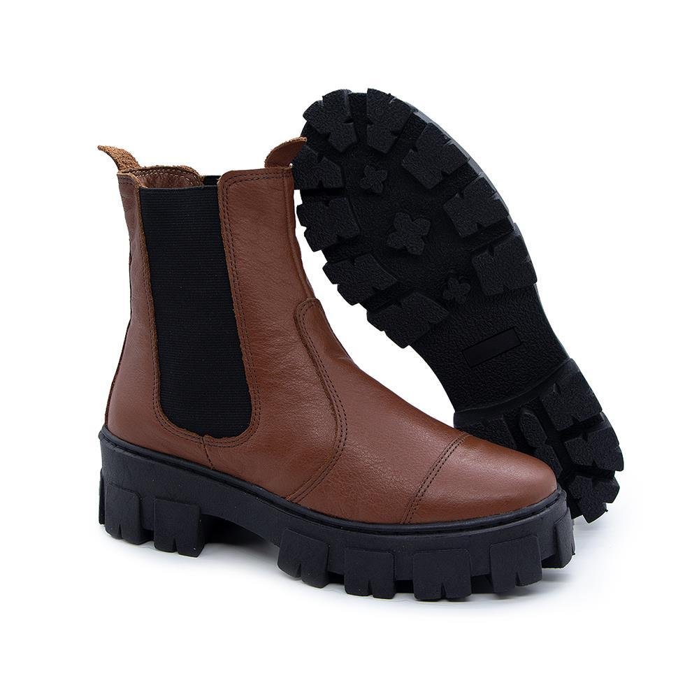 Bota Coturno Feminino Couro Cano Médio Elástico Moda Moderno Marrom 3