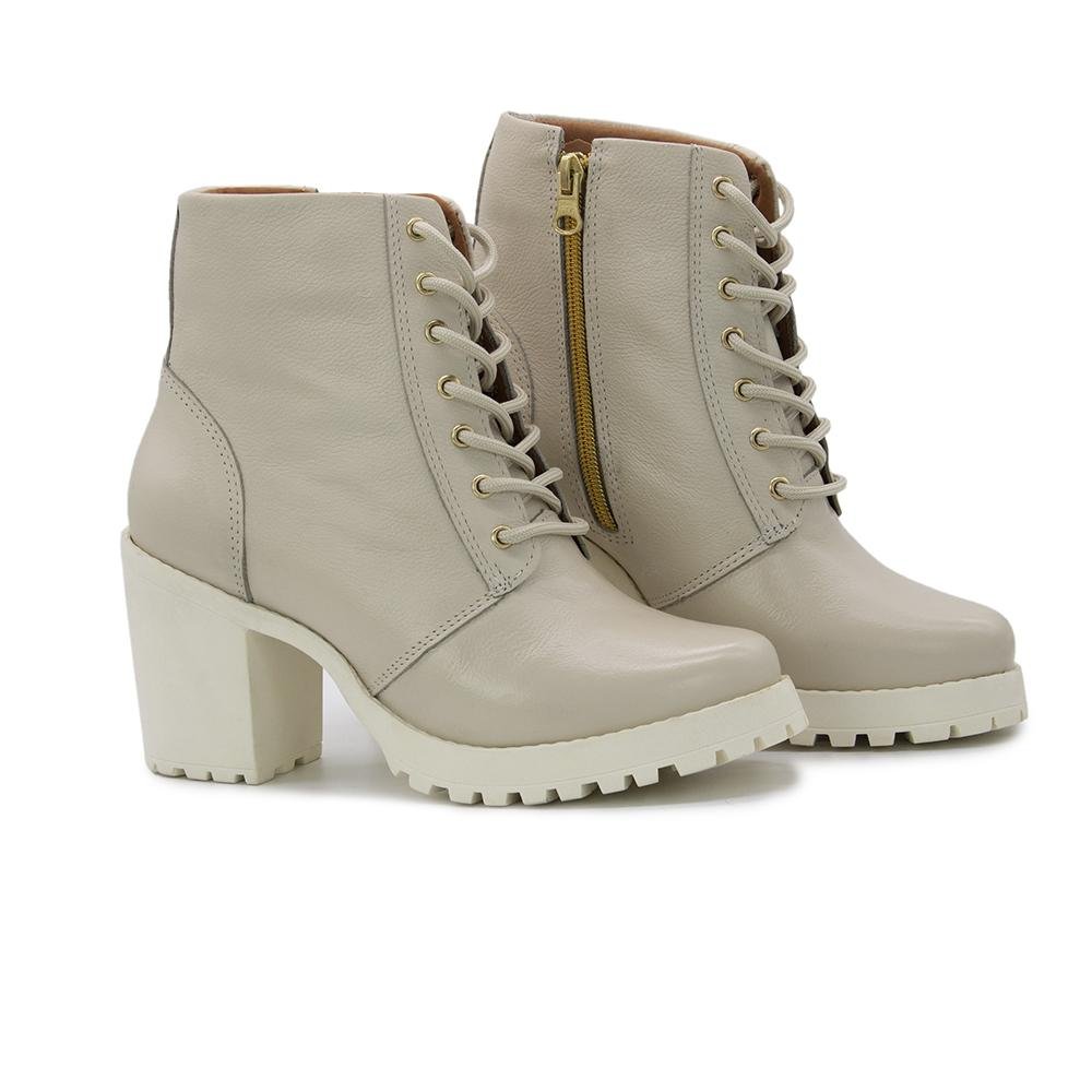 Bota Coturno Feminino Couro Salto Tratorado Confortável Branco 1