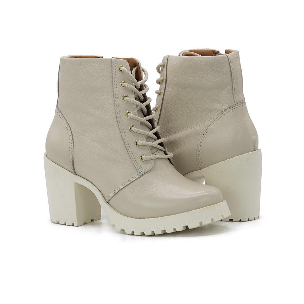 Bota Coturno Feminino Couro Salto Tratorado Confortável Branco 2