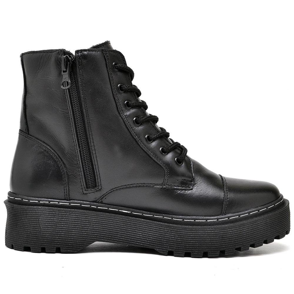 Coturno Feminino Bota Couro Cano Médio Cadarço Casual Preto 2