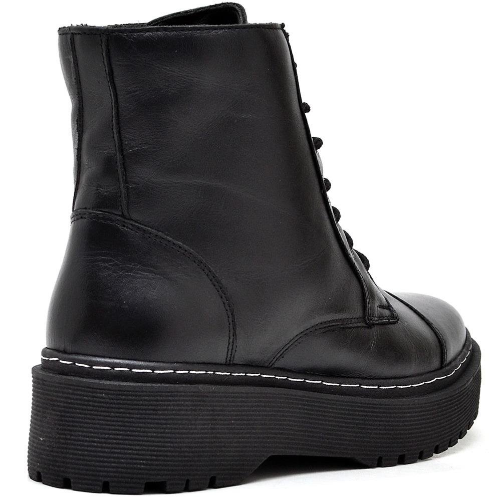 Coturno Feminino Bota Couro Cano Médio Cadarço Casual Preto 3