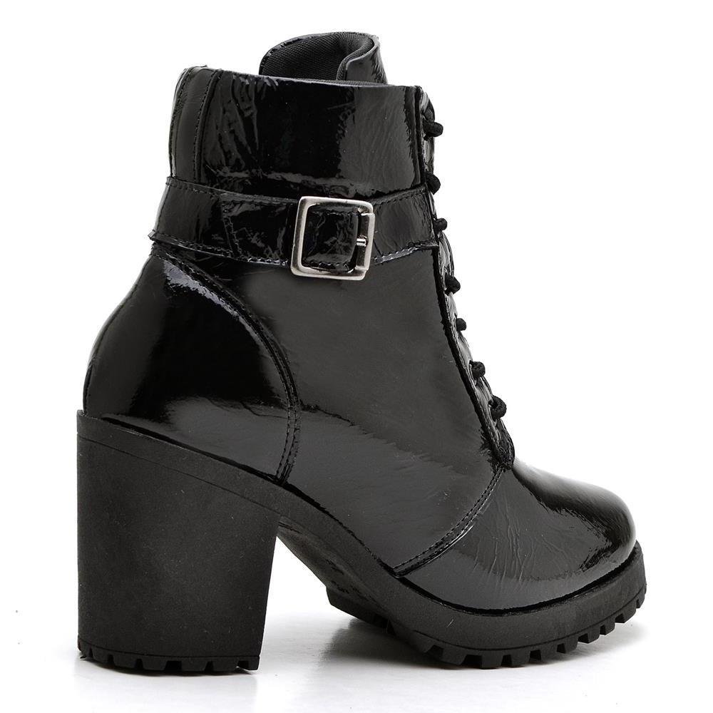 Bota Coturno Feminino Salto Tratorado Conforto Cadarço Preto 3