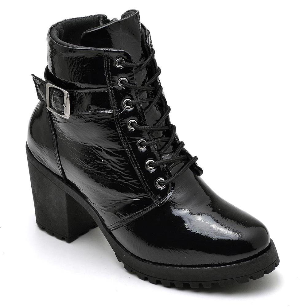 Bota Coturno Feminino Salto Tratorado Conforto Cadarço Preto 1